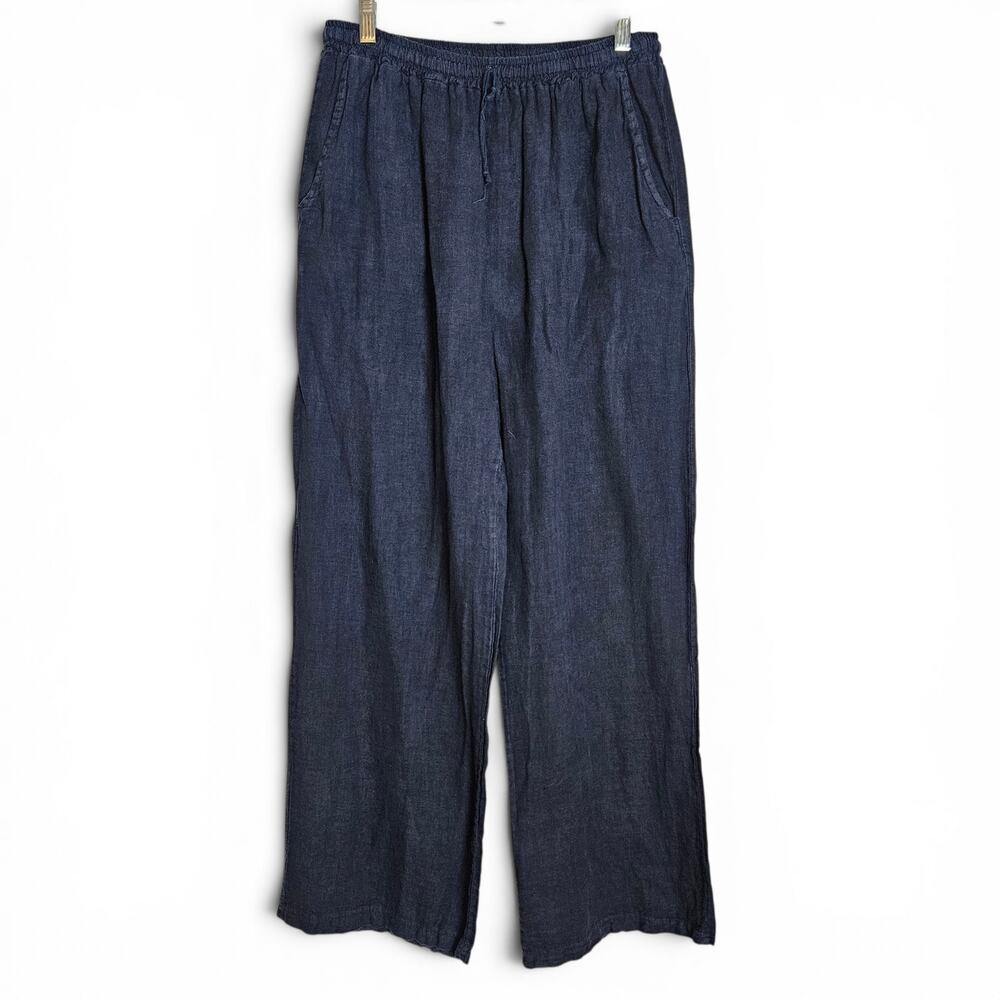 M Made in Italy Womens Black Linen Wide-Leg Pull-On Pants Sz L Summer Lagenlook